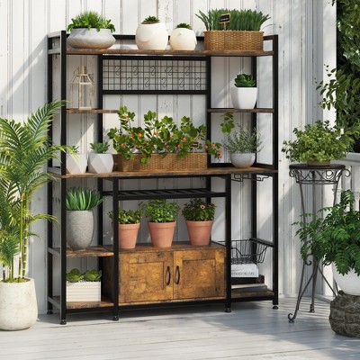 55" Bakers Rack with Power Outlet and LED Light, 5-Tier Kitchen Microwave Stand Coffee Bar with Storage