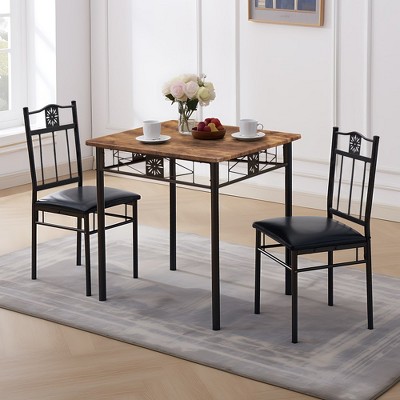 VECELO 3-Piece Dining Room Wooden Kitchen Table and Pu Cushion Chair Sets for Small Space, Retro Brown