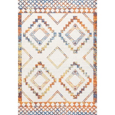 Ivory and Blue Geometric 8' x 10' Synthetic Area Rug