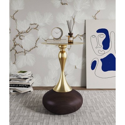 Gold and Brown Round Metal and Wood End Table