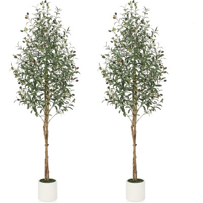 Artificial Olive Trees, Tall Faux Olive Trees with Natural Wood Trunks & Lifelike Fruits, Fake Tree with White Planter for Home Decor