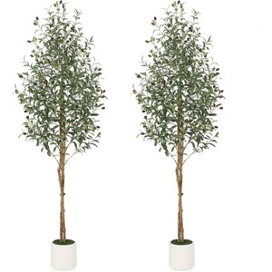 Artificial Olive Trees, Tall Faux Olive Trees with Natural Wood Trunks & Lifelike Fruits, Fake Tree with White Planter for Home Decor - 1 of 4