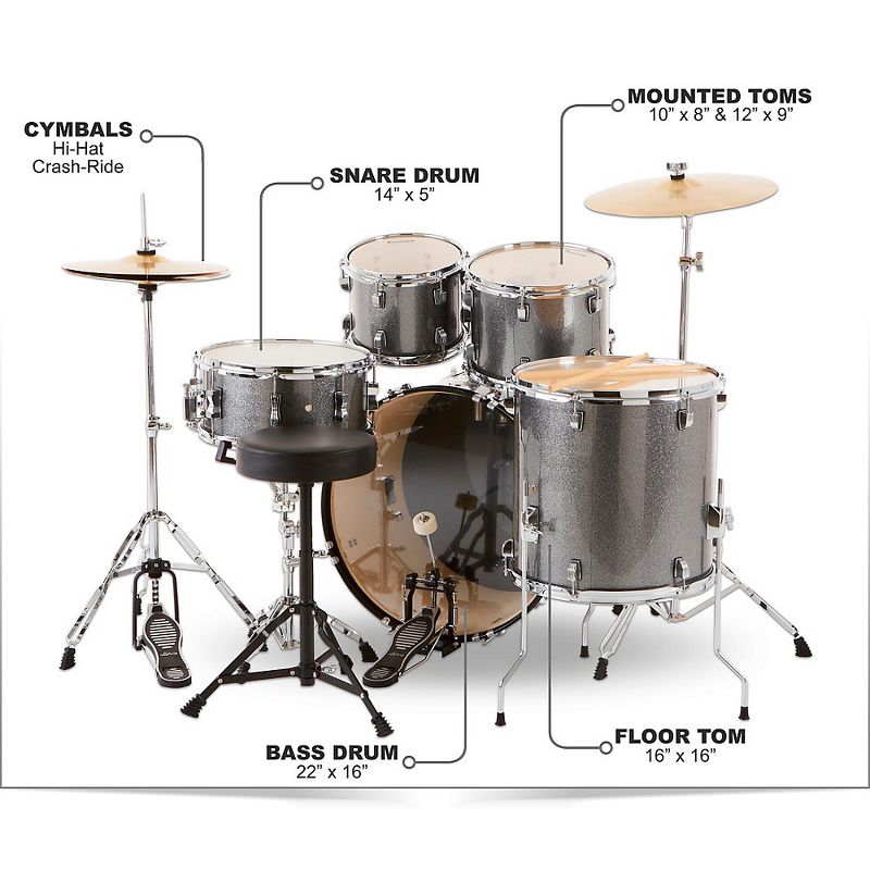 Ludwig BackBeat Complete 5-Piece Drum Set With Hardware and Cymbals Metallic Silver Sparkle, 2 of 6