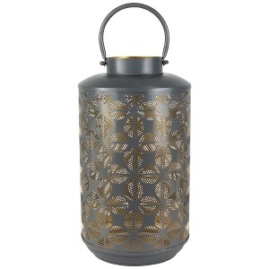 Northlight Laser-Cut Large Iron Candle Lantern with Handle - 15.25" - Gray and Gold - 1 of 4