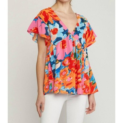 Women's Floral Babydoll Ruffle Sleeve Top - entro