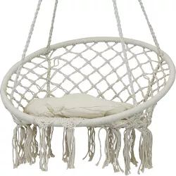 Sunnydaze Cotton Rope Hammock Chair Bohemian Macrame Hanging Netted Swing with Seat Cushion, Tassels and Mounting Hardware - White
