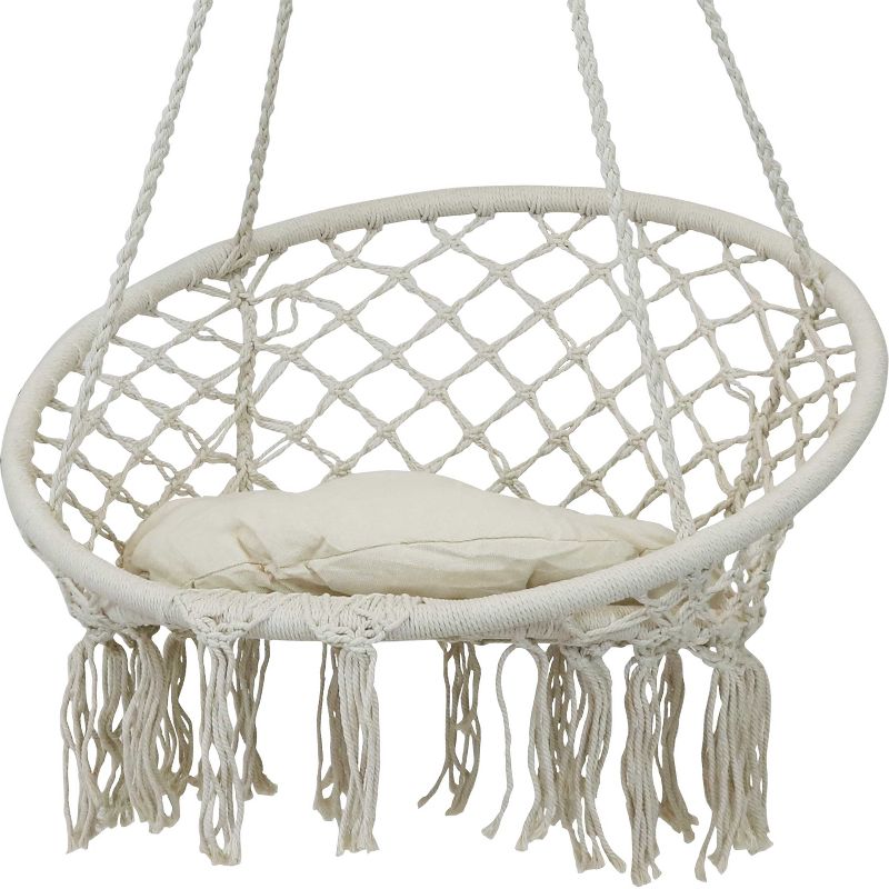 Sunnydaze Indoor/Outdoor Cotton Rope Hammock Chair Bohemian Macrame Hanging Netted Swing with Mounting Hardware, Seat Cushion, and Tassels - Off-White, 1 of 13