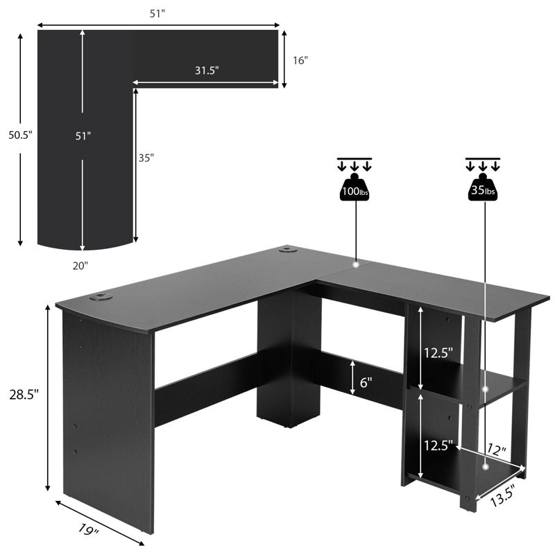 Tangkula L-Shaped Office Computer Desk w/ Spacious Desktop & 2-Tier Open Shelves Black, 3 of 11