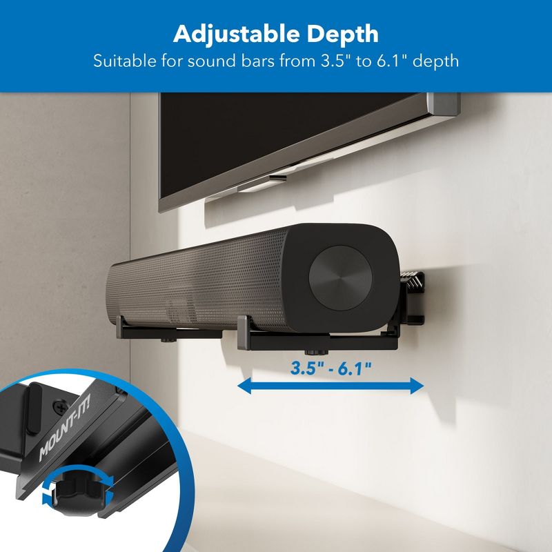 Mount-It! No Stud Sound Bar Wall Mount, Studless Soundbar Mounting Brackets for Drywall, Adjustable Depth Works with All Soundbars up to 6.1 in. Depth, 5 of 11