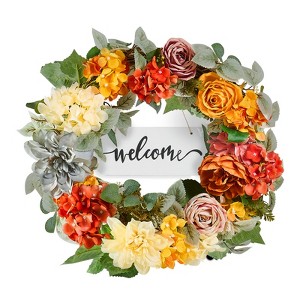 VEVOR Artificial Decorative Wreath, 24 in, Decorated with Hydrangeas, Roses, Wooden Sign, Year Round Wreath, Red&Orange&Yellow - 1 of 4