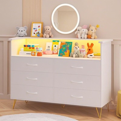6-Drawer Dresser for Bedroom with LED Lights & Charging Station, Wood Storage Chest with Steel Frame
