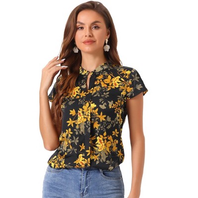 INSPIRE CHIC Women's Satin Stand Collar Work Cap Sleeve Floral Blouse