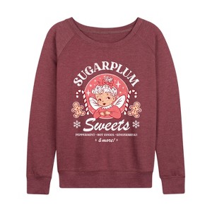 Women's Instant Message Sugarplum Sweets Lightweight French Terry Wide Neck Long Sleeve Graphic Shirt - Heather Maroon - X-Large - 1 of 4