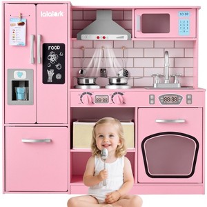 Joyfy Pretend Kitchen Playset Wooden Corner Kitchen with Lights & Sounds Play Food Toys Fridge Ice Maker & Cookware Birthday Gift for  Kids Ages 3+ - 1 of 4