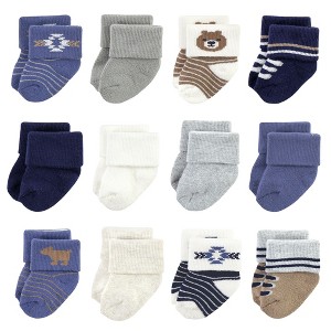 Hudson Baby Infant Boy Cotton Rich Newborn and Terry Socks, Bear 12-Pack - 1 of 4