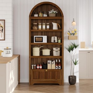 72" Arched Bookshelf with Storage Drawer, Modern 6-Tier Wood Display Cabinet, Open Shelves & Curved Door for Living Room & Kitchen - 1 of 4
