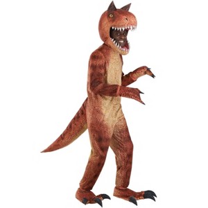 HalloweenCostumes.com Adult Carnotaurus Dinosaur Costume | Fierce Prehistoric Creature Jumpsuit w/ Hood, Gloves, Shoe Tops - 1 of 4