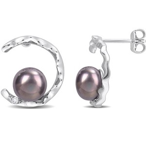 EVERLY JEWELRY | Sterling Silver 7.5 - 8 MM Black Cultured Freshwater Pearl and White Topaz Open Wave Earrings - 1 of 4
