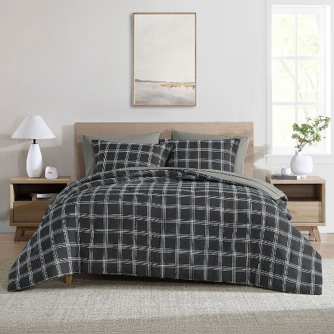 Swift Home 7PC Lightweight Reversible Printed Windowpane Bed in A Bag Comforter Bedding Set with Matching Sheets - Queen