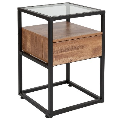 Merrick Lane Glass End Table with Drawer and Shelf in Rustic Wood Grain Finish