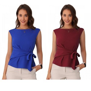 INSPIRE CHIC Women's Summer Tie Front Boat Neck Sleeveless Work Blouse 2 Packs - 1 of 4