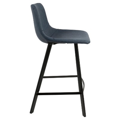 Contemporary Blue Faux Leather and Black Metal Counter Stool, Set of 2