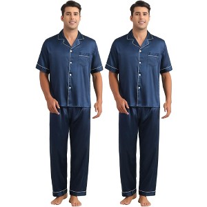 INSPIRE CHIC Men's 2 Pack Button Down Short Sleeve Satin Pajamas Sets - 1 of 4