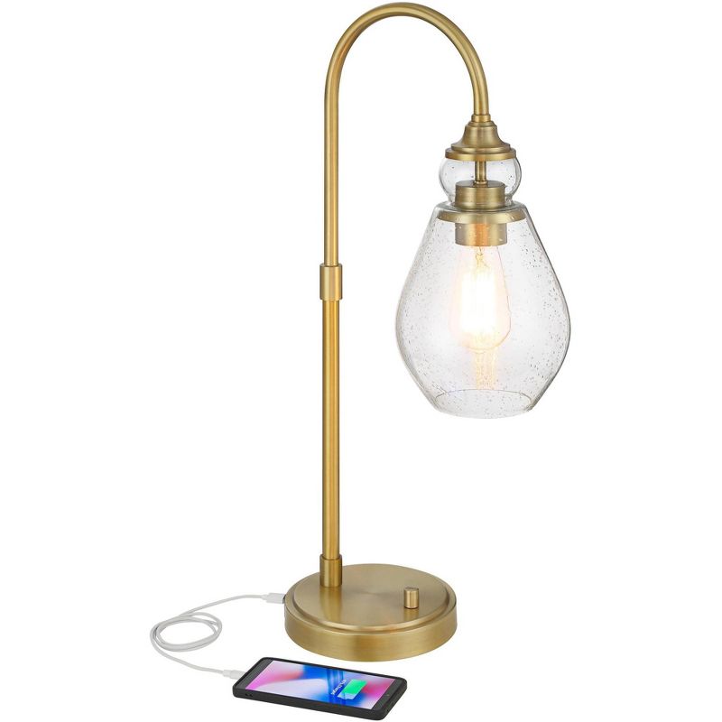 Possini Euro Design Vaile 27" Tall Traditional Desk Lamp Dual USB Ports Warm Gold Metal Single Glass Clear Shade Home Office Living Room Charging, 3 of 10