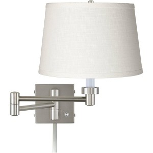 Possini Euro Design Modern Swing Arm Wall Lamp with Cord Cover Brushed Nickel Plug-In Light Fixture White Linen Shade for Bedroom - 1 of 4