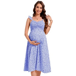 Womens Maternity Dress Summer Sleeveless Smocked Square Neck Ruffle Casual Boho Midi Dress Baby Shower Photoshoot - Blue,XXL