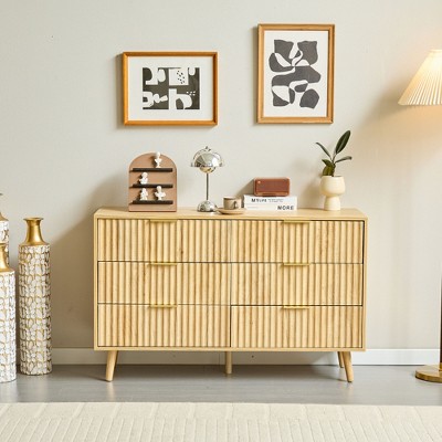 Angel Sar Wave Fluted 6 Drawer Dresser For Bedroom, Wood Dresser With Golden Metal Handles