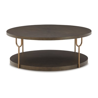 Round Espresso Brown Wood and Gold Metal Coffee Table