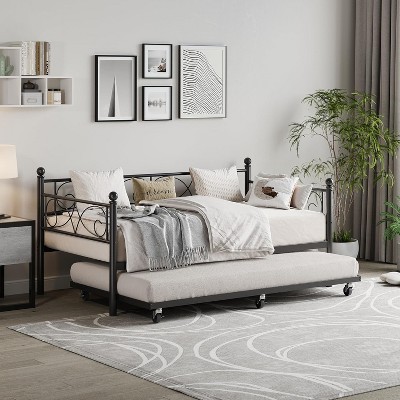 Twin Daybed with Trundle, Metal Sofa Bed Frame with Floral Headboard, Pull-Out Guest Bed with Lockable Casters, for Living Room, Bedroom
