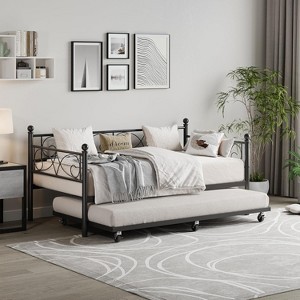 Twin Daybed with Trundle, Metal Sofa Bed Frame with Floral Headboard, Pull-Out Guest Bed with Lockable Casters, for Living Room, Bedroom - 1 of 4