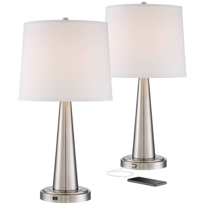 360 Lighting Art Deco Style Table Lamps Set of 2 with USB Port and Table Top Dimmers Brushed Nickel White Fabric Drum Living Room