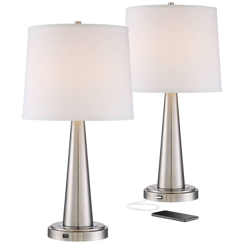 360 Lighting Karla Art Deco Style Table Lamps 25" High Set of 2 Brushed Nickel with USB Charging Port and Table Top Dimmers White Fabric Drum for Desk, 1 of 10