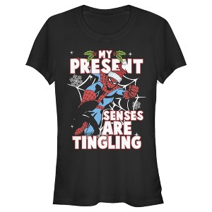 Juniors Womens Marvel Spider-Man Present Senses Tingling Holiday T-Shirt - 1 of 3