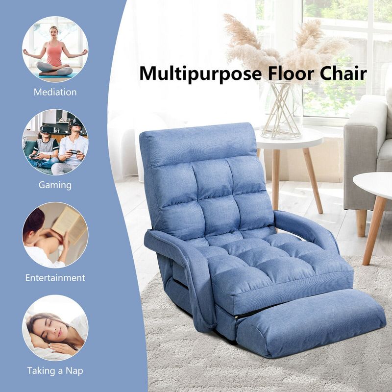 Tangkula Blue Folding Lazy Sofa Floor Chair Sofa Lounger Bed with Armrests and Pillow, 4 of 11