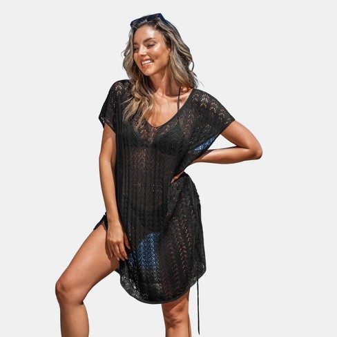 Women's Crochet Drawstring Cover-up Dress - Cupshe-xl-black : Target