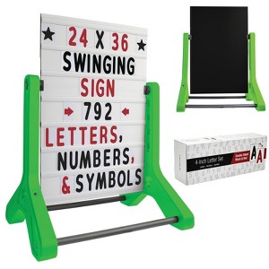 Excello Global Products Swinging Changeable Message Sign: 24" x 36" Sign , 792 Double Sided Letters/Storage Box. Black Board/Letter Board (Green Legs) - 1 of 4