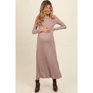 Pinkblush Mocha Ribbed Knit Side Slit Maternity Midi Dress - 1 of 3