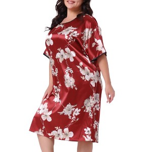 Women's Plus Size Satin Floral Print Short Sleeve Round Neck Midi Nightgown - Agnes Orinda - 1 of 4
