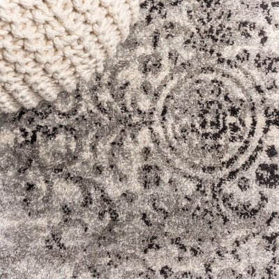 Dark Gray and Cream Medallion 8' x 10' Reversible Synthetic Rug