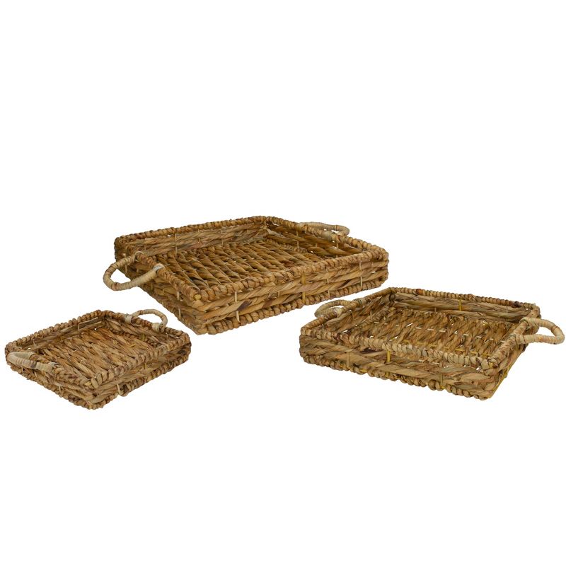 Northlight Set of 3 Square Natural Woven Water Hyacinth Serving Trays with Handles 16", 4 of 9
