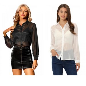 INSPIRE CHIC Women's Sheer Mesh Long Sleeve Button Down Shirts 2 Packs - 1 of 4