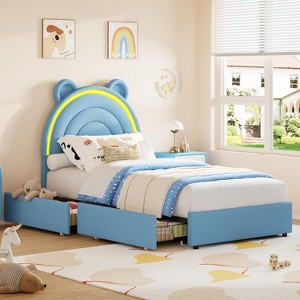 Twin Upholstered Bed Frame with 2 Storage Drawers &  Headboard, Berber Fleece Princess Platform Bed for Kids, Wood Slats Support, No Box Spring Needed - 1 of 4