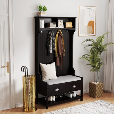 Hall Tree,3-In-1 Entryway Hall Tree With Drawers And Coat Racks,Hall Tree With Bench,Hall Tree With Top Storage Shelf For Hallway-Cuddlewood