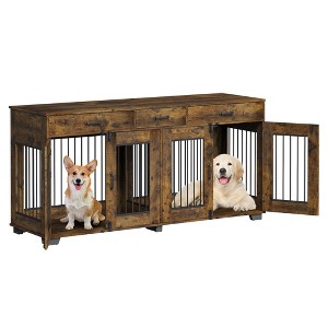 71" Double Dog Crate Furniture for 2 Dogs, Large Indoor Kennel with Removable Divider, 3 Drawers,Rustic Brown Side Table TV Stand. - 1 of 4