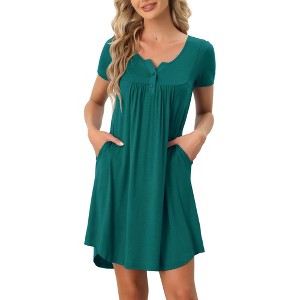 cheibear Women's Soft Front Button Short Sleeve Sleepwear Lounge Nightgown with Pockets - 1 of 4