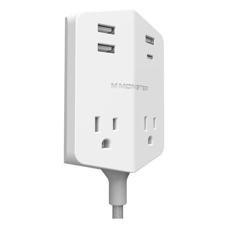 Monster Power Shield Moveable Power Outlet with 2 AC Outlets, 3 USB-A, 1 USB-C, Magnetic Plate, & 6 ft Cord (White), 2 of 12